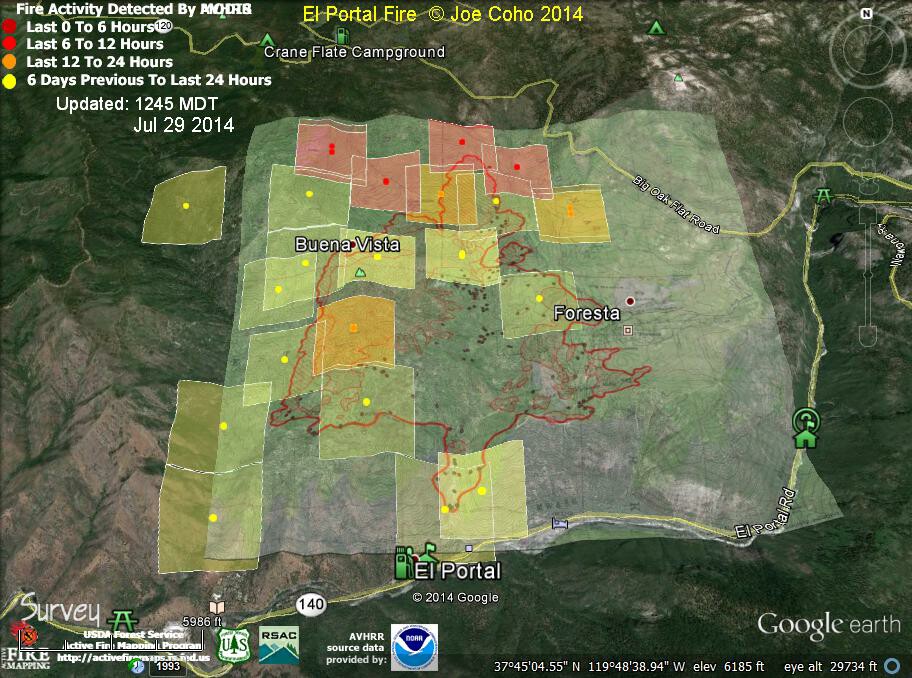 ElPortal Fire MODIS Fire Activity 1245 MDT Jul 29 2014 with AVHRR and infrared map for July 29