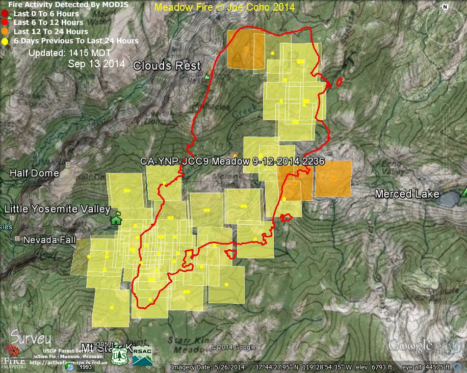 17 Meadow Fire MODIS Fire Detections 1415 MDT Sep 13 2014 with fire boundary Sep 12 2236