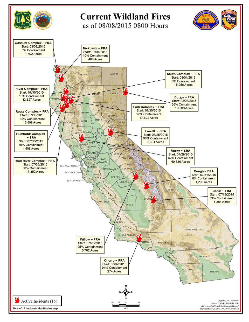 CAL FIRE Saturday Morning August 8, 2015 Report on Wildfires in