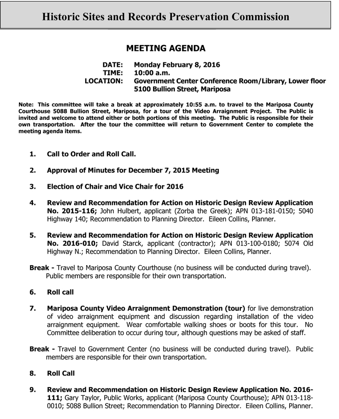 2016 2 08 mariposa county historic sites and records preservation commission agenda 1