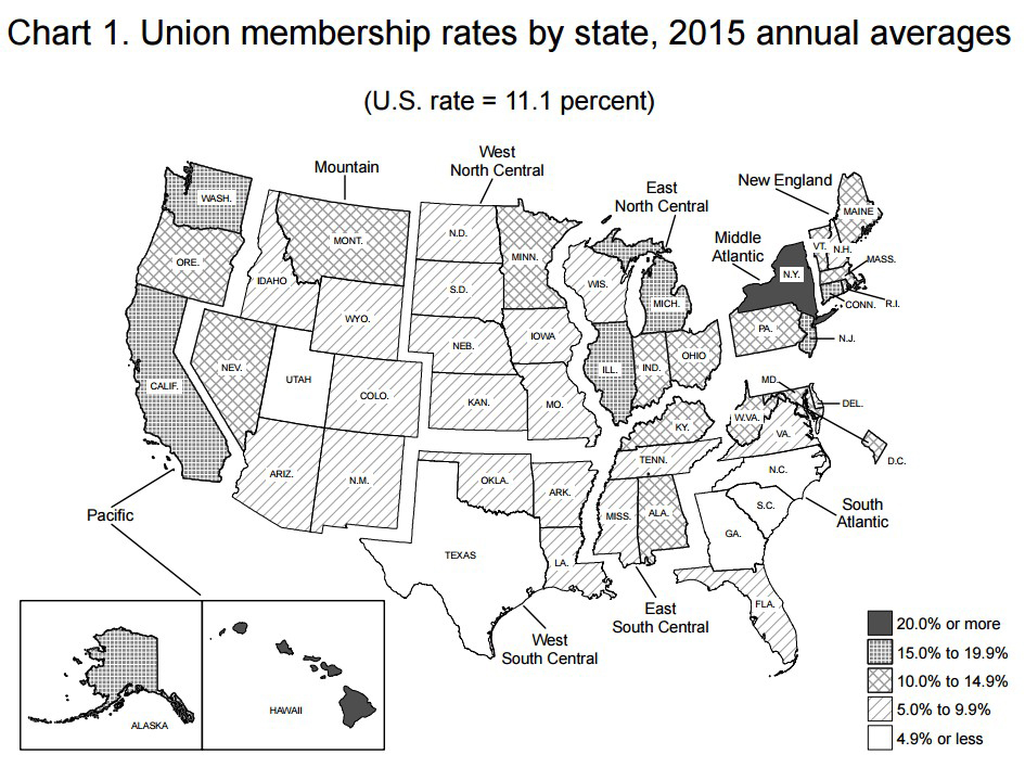 union membership by state 2015 bls