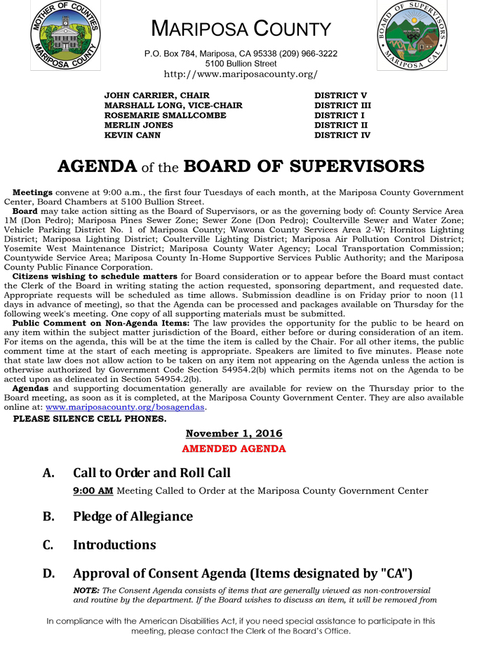 2016 11 01 mariposa county board of supervisors agenda november 1 2016 1