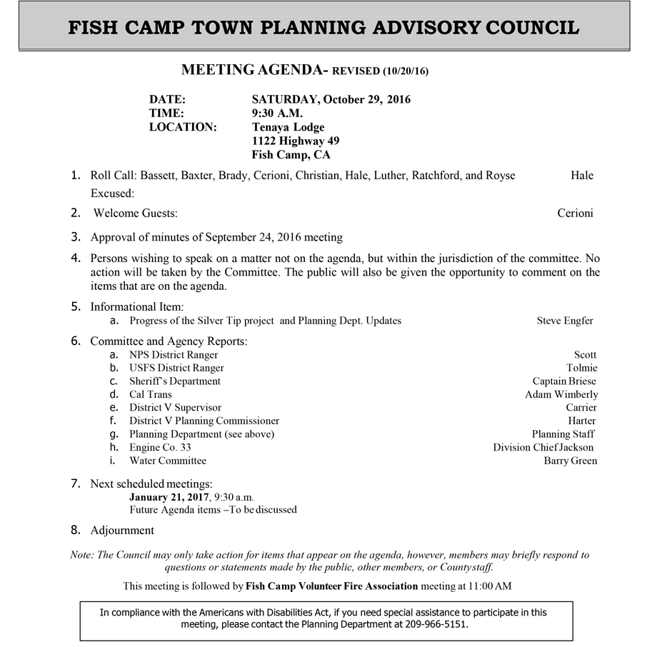 2016 10 29 fish camp town planning advisory council agenda october 29 2016