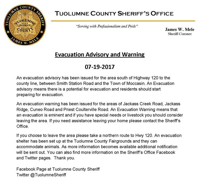 Tuolumne County Sheriff Advisory for Detwiler Fire 7 19 17 1