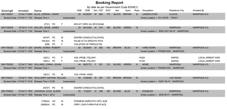 mariposa county booking report for july 24 2017