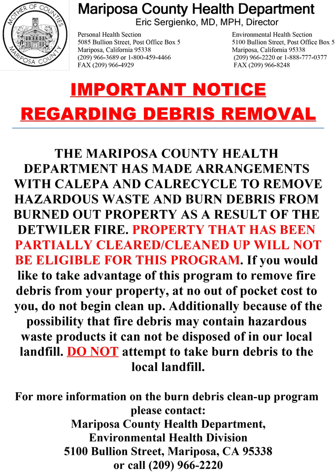 mariposa county debris removal detwiler fire notice