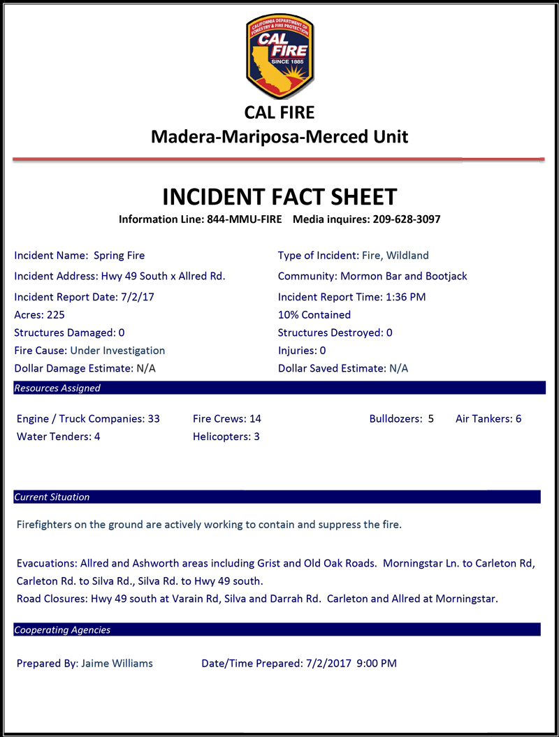 mariposa county spring fire cal fire update 1