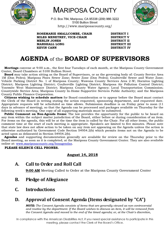 2018 08 14 mariposa county Board of Supervisors Public Agenda august 14 2018 1