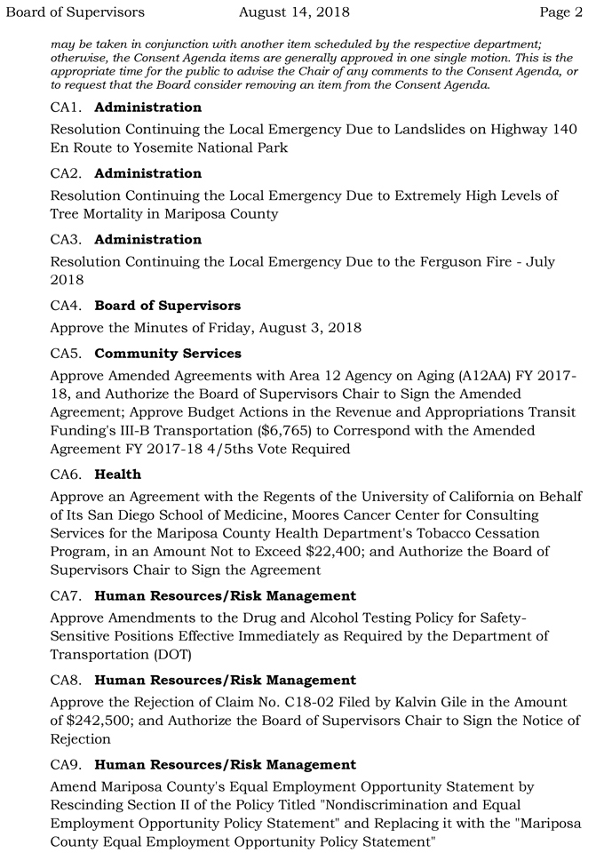 2018 08 14 mariposa county Board of Supervisors Public Agenda august 14 2018 2