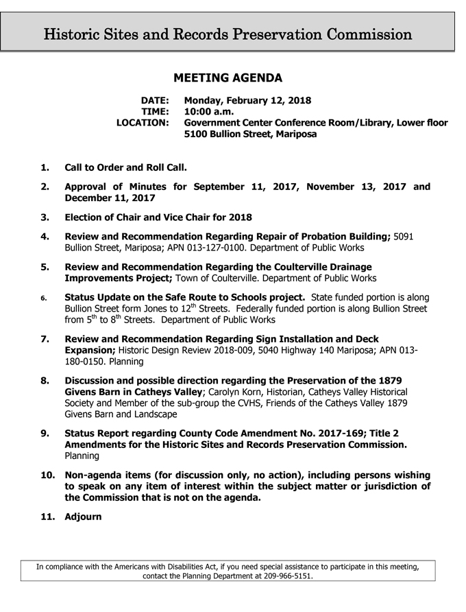 2018 02 12 mariposa county Historic Sites & Records Preservation Commission agenda february 12 2018