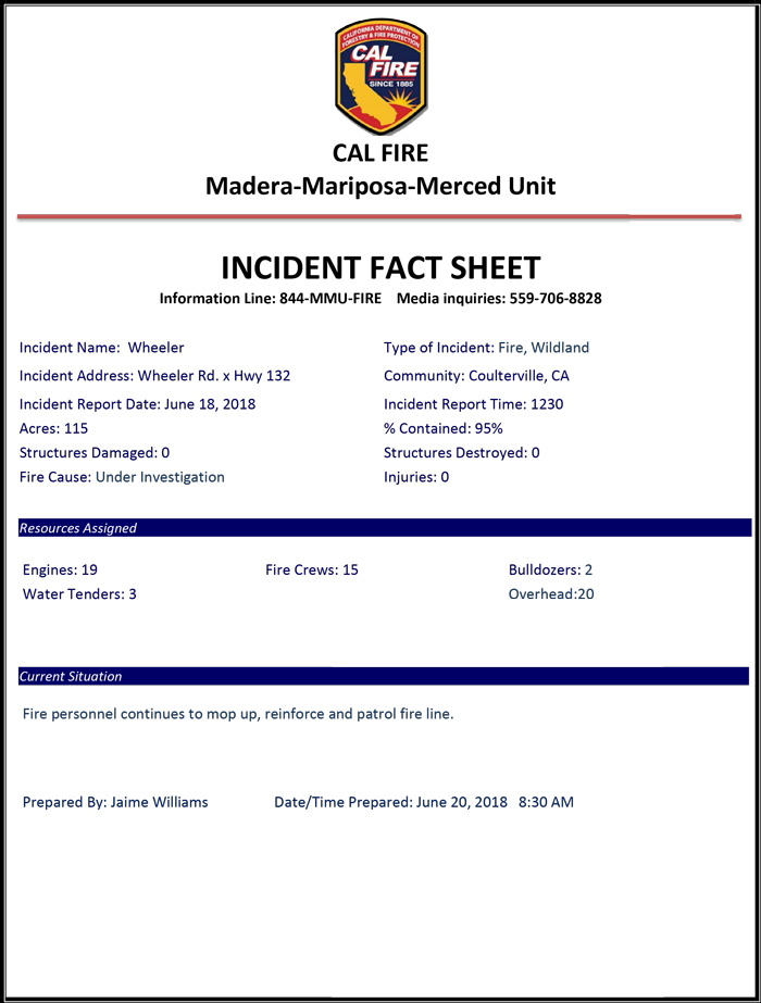 Wheeler Fire June 20 AM Fact Sheet