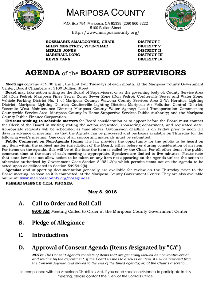 2018 05 08 mariposa county Board of Supervisors Public Agenda may 8 2018 1