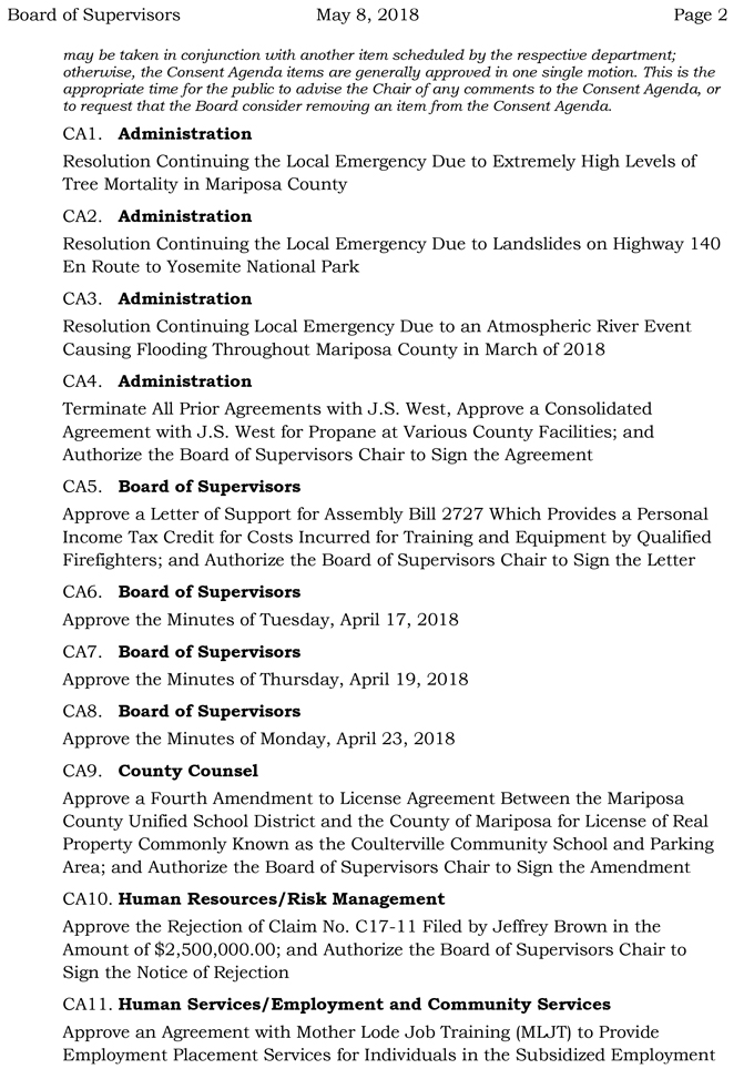 2018 05 08 mariposa county Board of Supervisors Public Agenda may 8 2018 2
