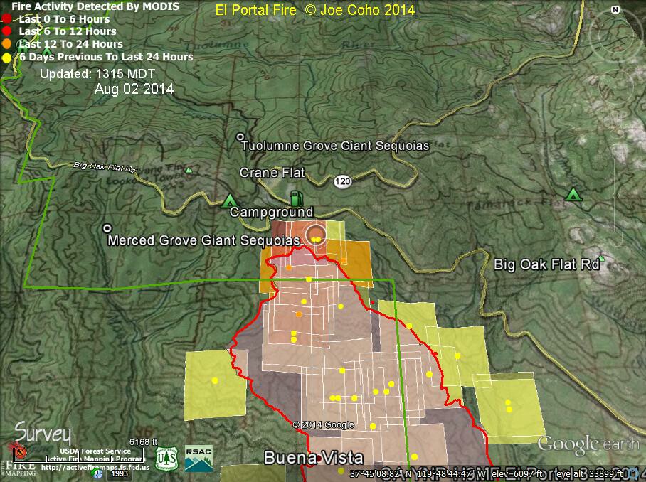6 ElPortal Fire MODIS Fire Activity 1315 MDT Aug 2 2014 and 8-2-14 at 0248 PDT fire boundary North End