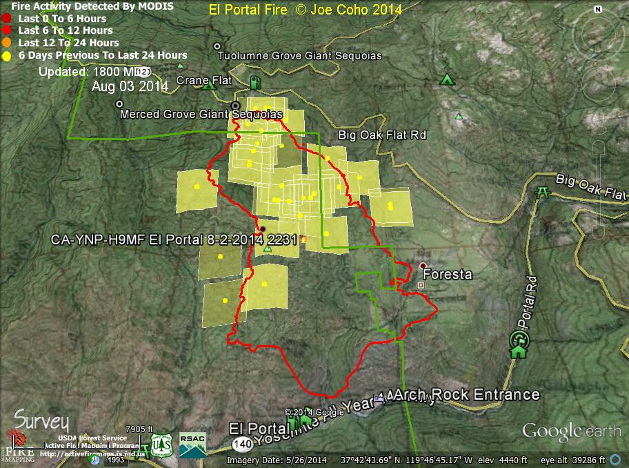 7 ElPortal Fire MODIS Fire Activity 1800 MDT Aug 3 2014 and 8-2-14 at 2231 PDT fire boundary