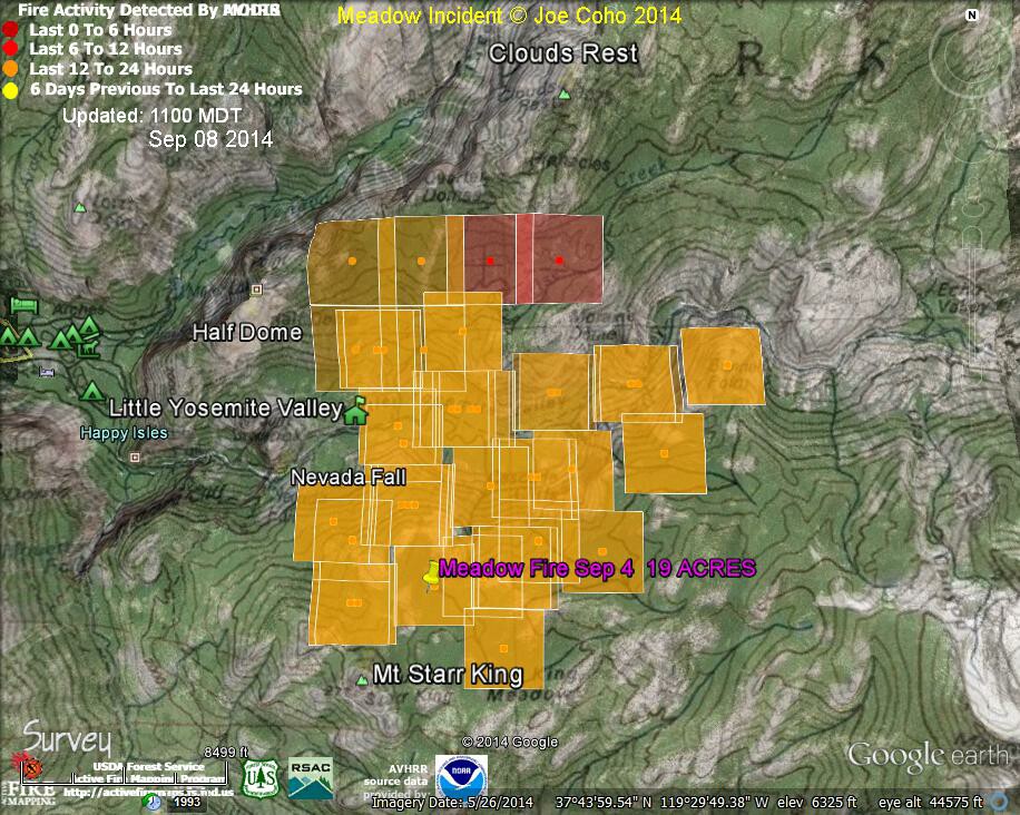 2 Meadow Fire MODIS & AVHRR Fire Detections 1100 MDT Sep 08 2014