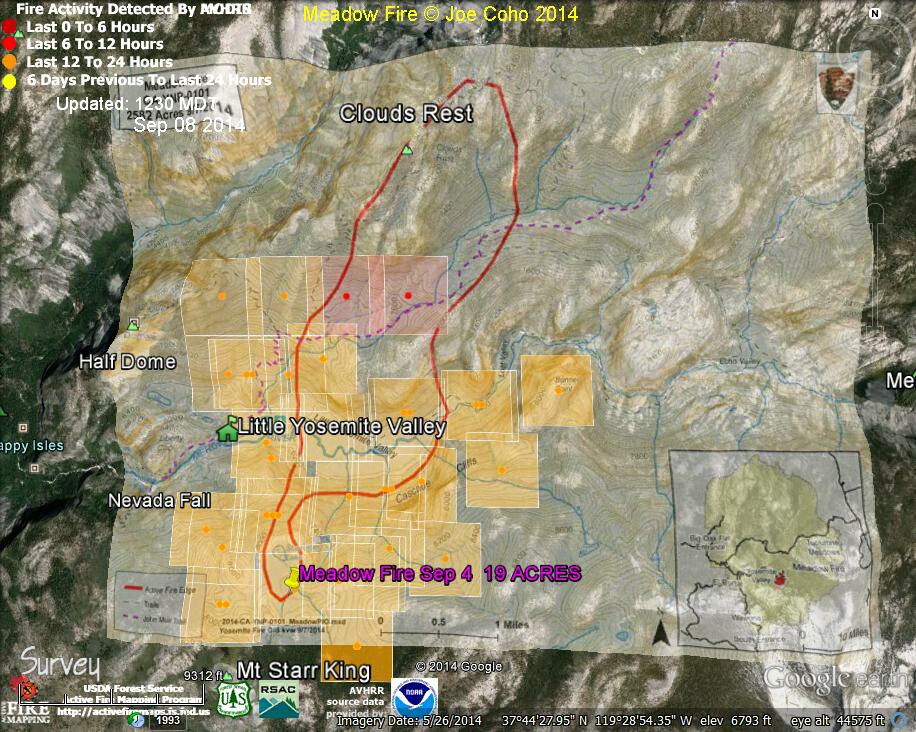 3 Meadow Fire MODIS & AVHRR Fire Detections 1230 MDT Sep 08 2014 with NPS fire map Sep 7