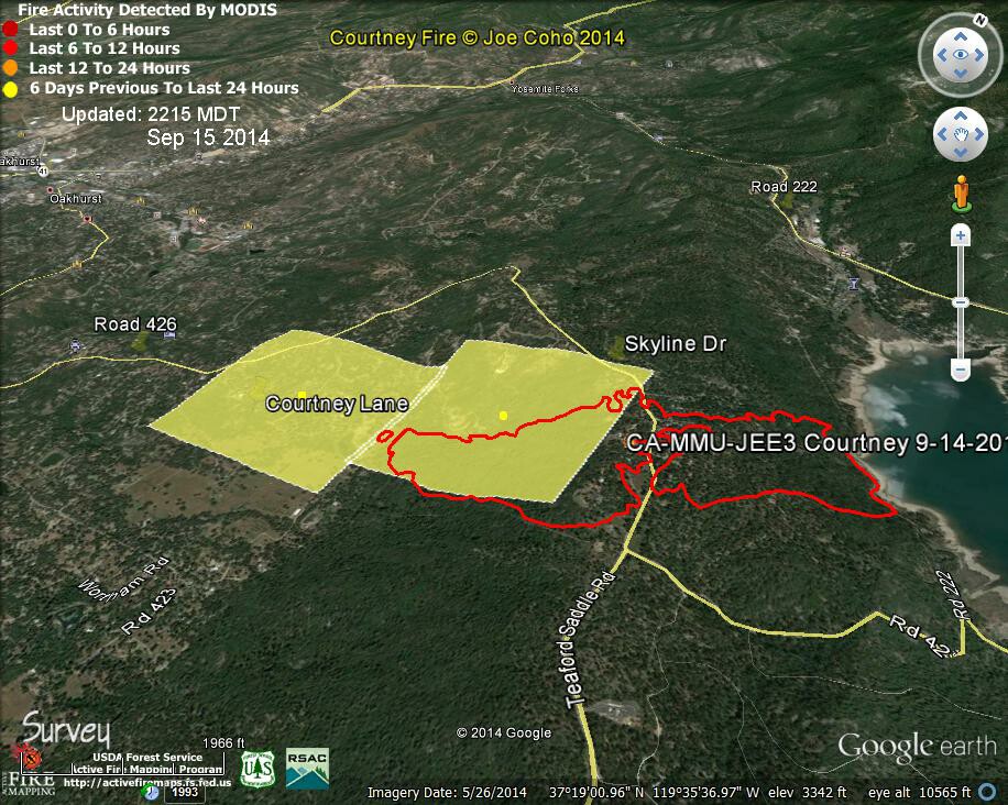 4 Courtney Fire MODIS Fire Detections 2215 MDT Sep 15 2014 with fire boundary Sep 14 2014 2145