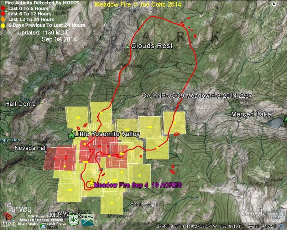 4 Meadow Fire MODIS Fire Detections 1130 MDT Sep 09 2014 with fire boundary Sep 8 2237