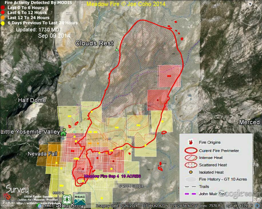 7 Meadow Fire MODIS Fire Detections 1730 MDT Sep 09 2014 with NPS fire map & legend Sep 9 2014