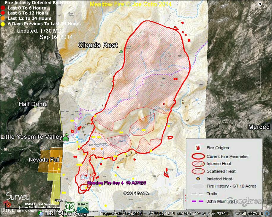 8 Meadow Fire MODIS Fire Detections 1730 MDT Sep 09 2014 with NPS fire map & legend Sep 9 2014 MAP EMPHASIZED