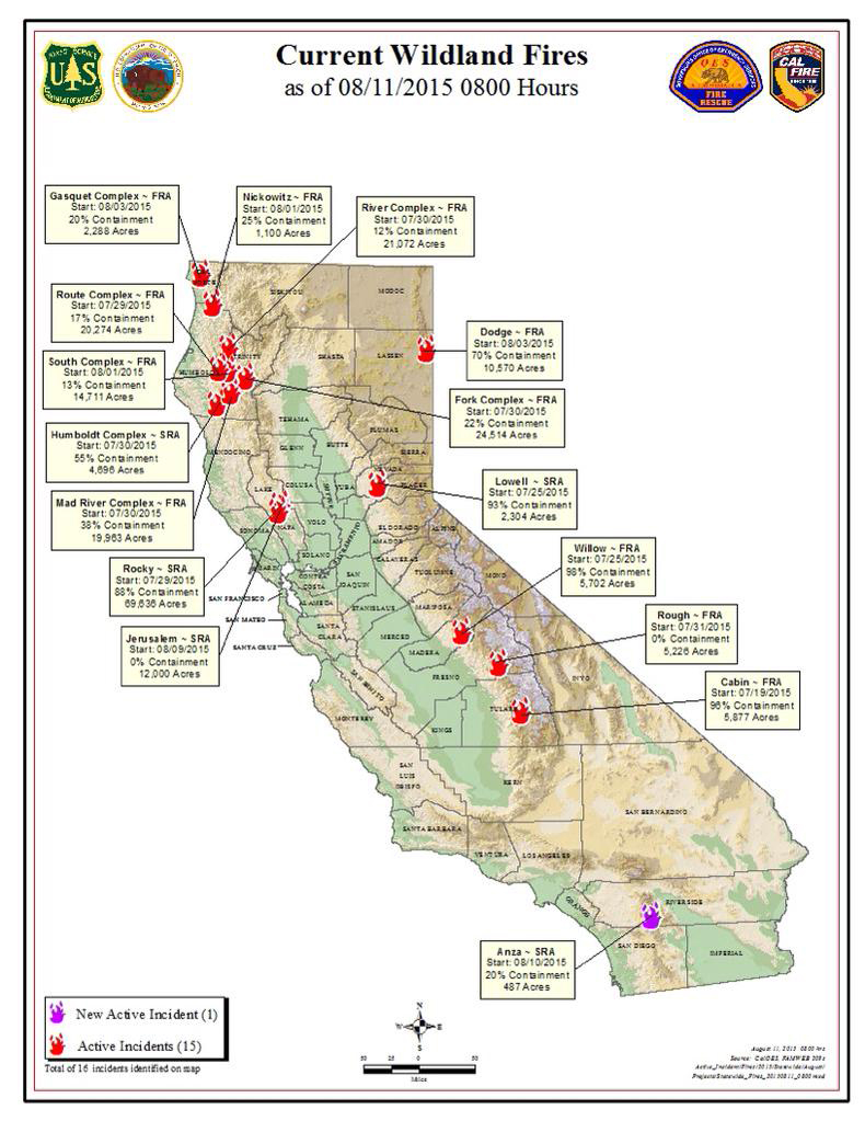 Cal Fire Map Current Fires CAL FIRE Tuesday Morning August 11, 2015 Report on Wildfires in 