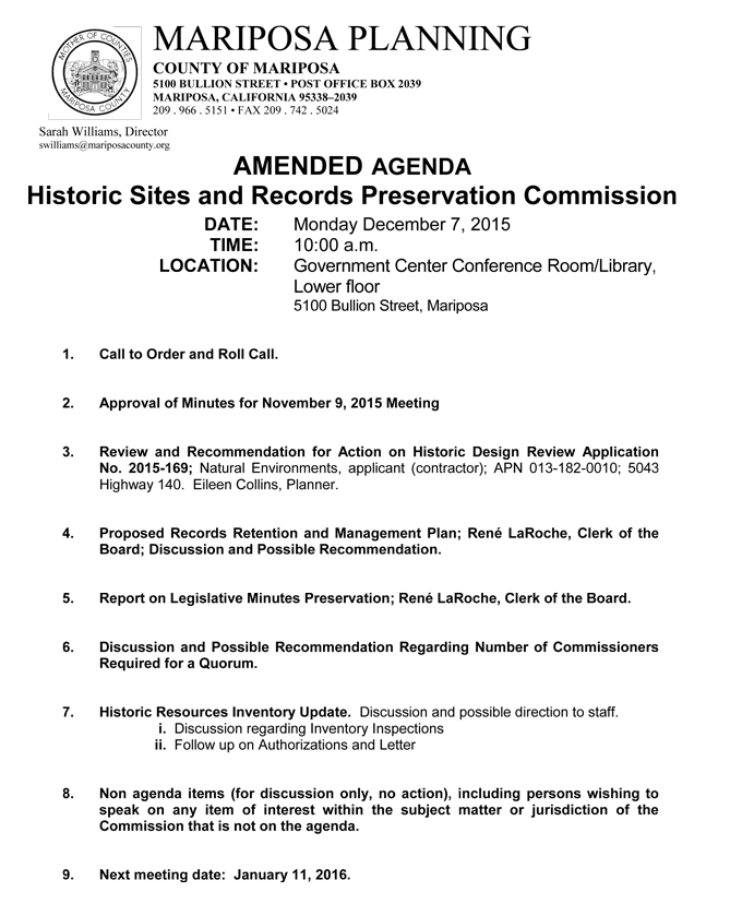 2015 12 07 mariposa county historic sites and records preservation commission agenda
