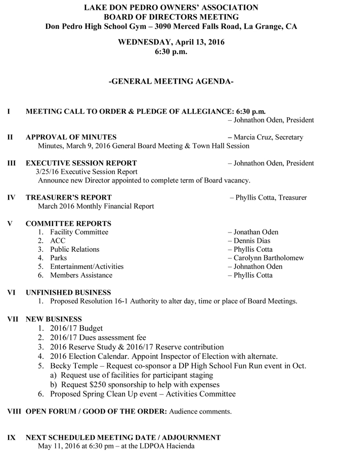 lake don pedro owners association meeting agenda april 13 2016