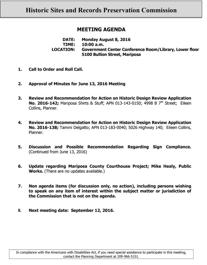 2016 08 08 mariposa county historic sites and records preservation commission agenda august 8 2016