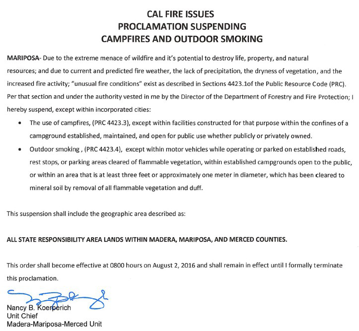 cal fire suspends campfires and outdoor smoking in mariposa county august 2 2016