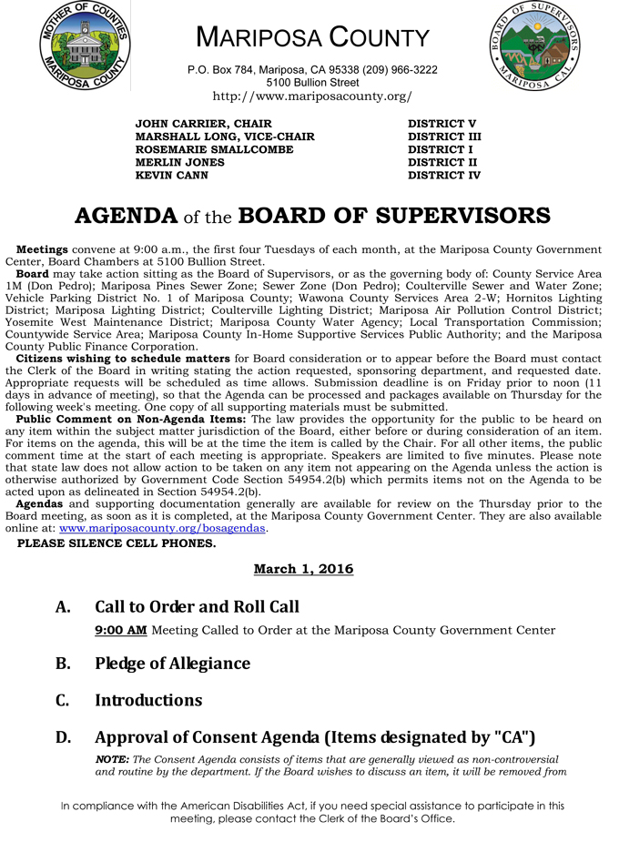 mariposa county board of supervisors meeting agenda march 1 2016 1