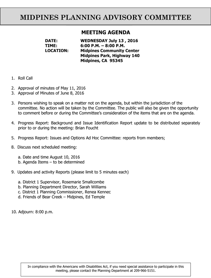 2016 07 13 midpines planning advisory committee agenda july 13 2016