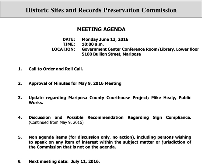 2016 06 13 mariposa county historic sites and records preservation commission agenda june 13 2016