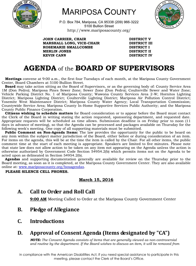 mariposa county board of supervisors meeting agenda march 15 2016 1