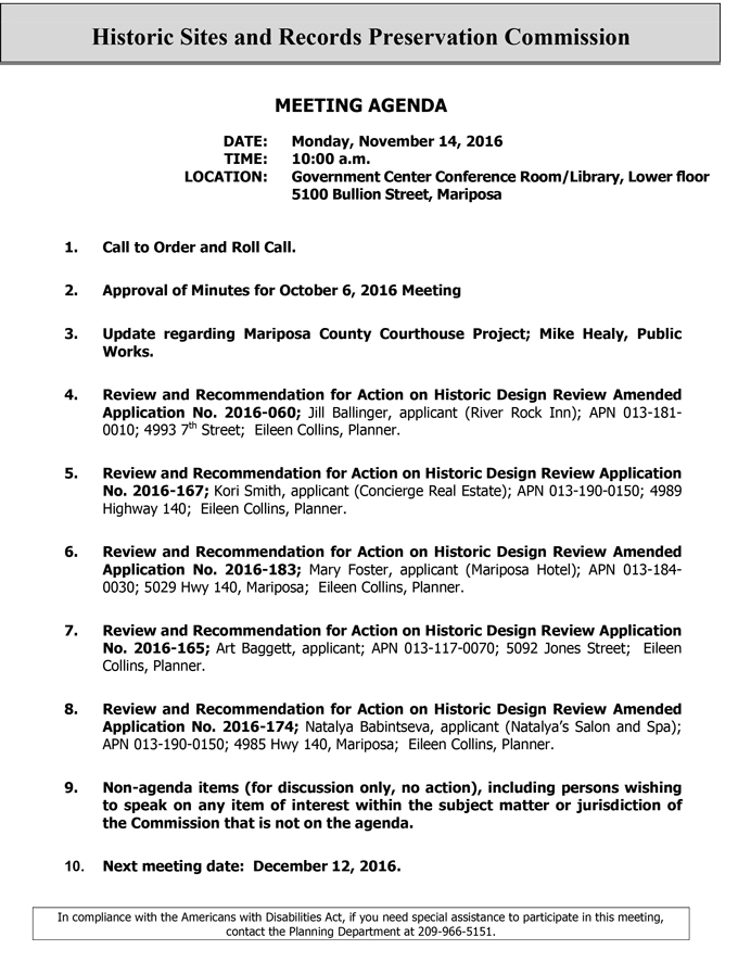 2016 11 14 mariposa county historic sites and records preservation commission agenda november 14 2016