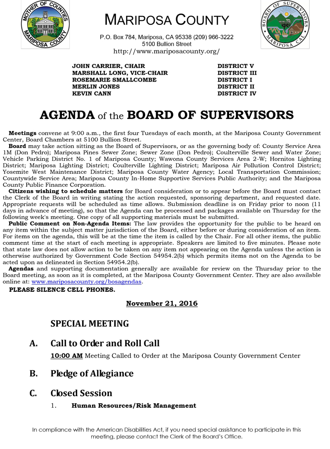 2016 11 21 mariposa county board of supervisors agenda november 21 2016 1