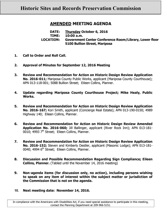 2016 10 06 mariposa county historic sites and records preservation commission agenda october 6 2016