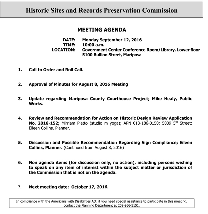 2016 09 12 mariposa county historic sites and records preservation commission agenda september 9 2016