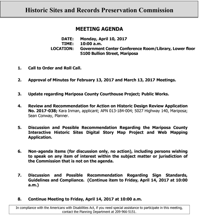 2017 04 10 mariposa county historic sites and records preservation commission agenda april 10 2017