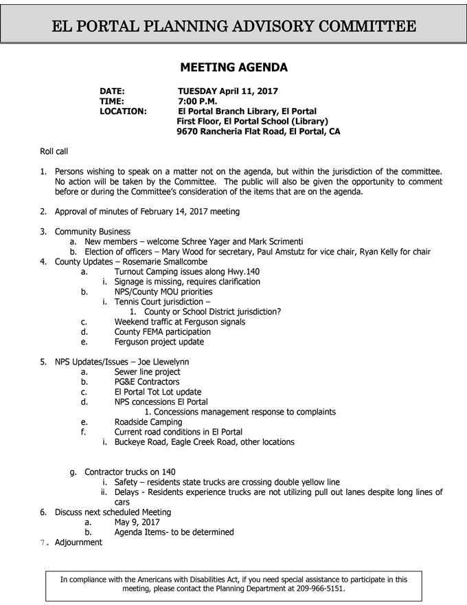 2017 04 11 mariposa county el portal planning advisory committee agenda april 11 2017