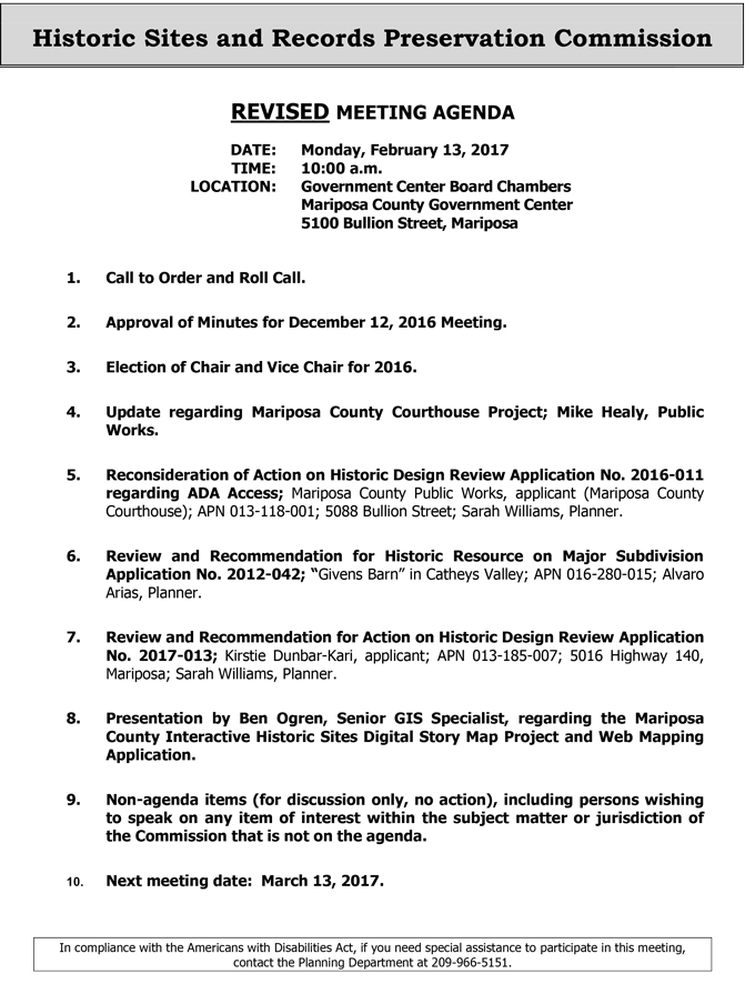 2017 02 13 mariposa county historic sites and records preservation commission agenda february 13 2017