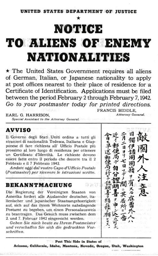 us department of justice 1942 notice to aliens of enemy nationalities credit ca state archives