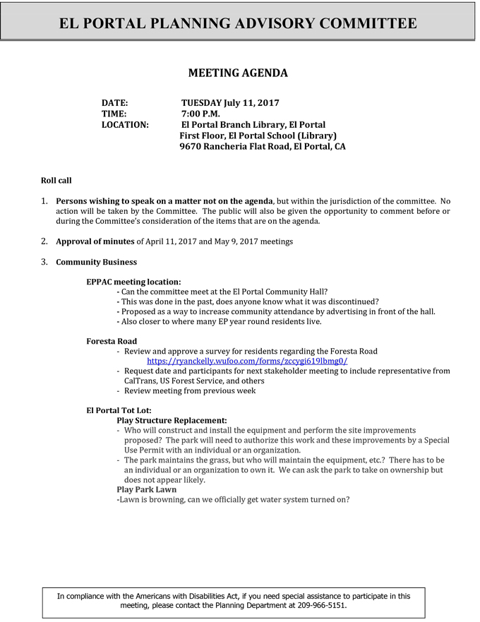 2017 07 11 mariposa county el portal planning advisory committee agenda july 11 2017 1