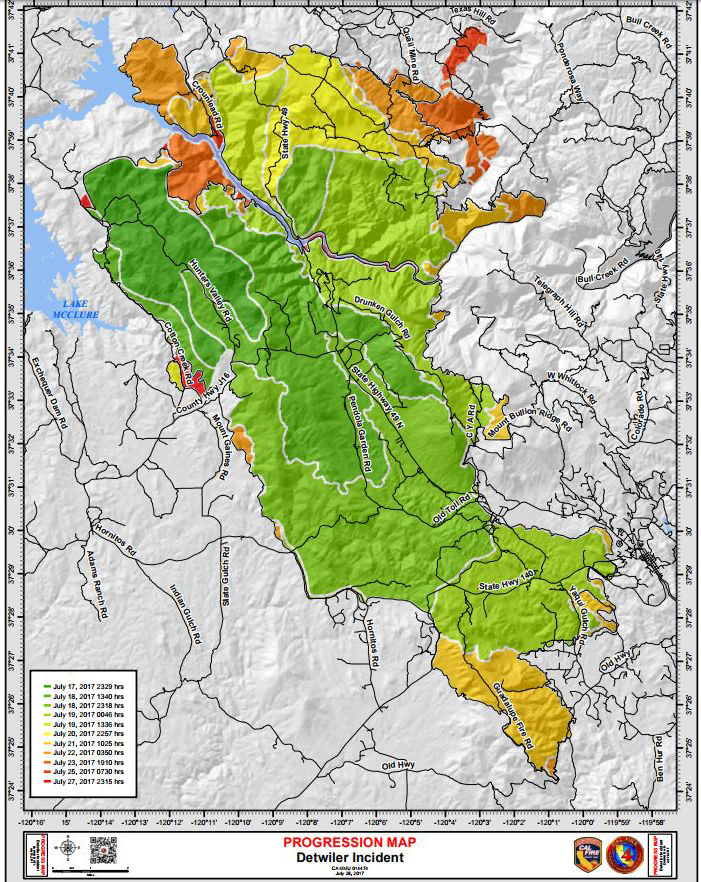 map progression detwiler fire mariposa county friday july 28 2017