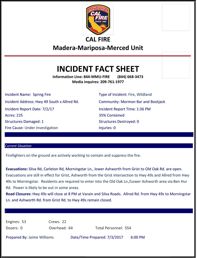 mariposa county Spring fire update cal fire july 3 2017 615pm