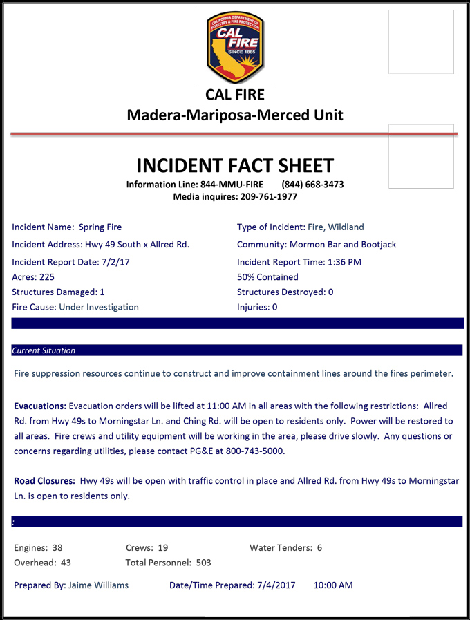 mariposa county spring fire july 4 2017 1000am update