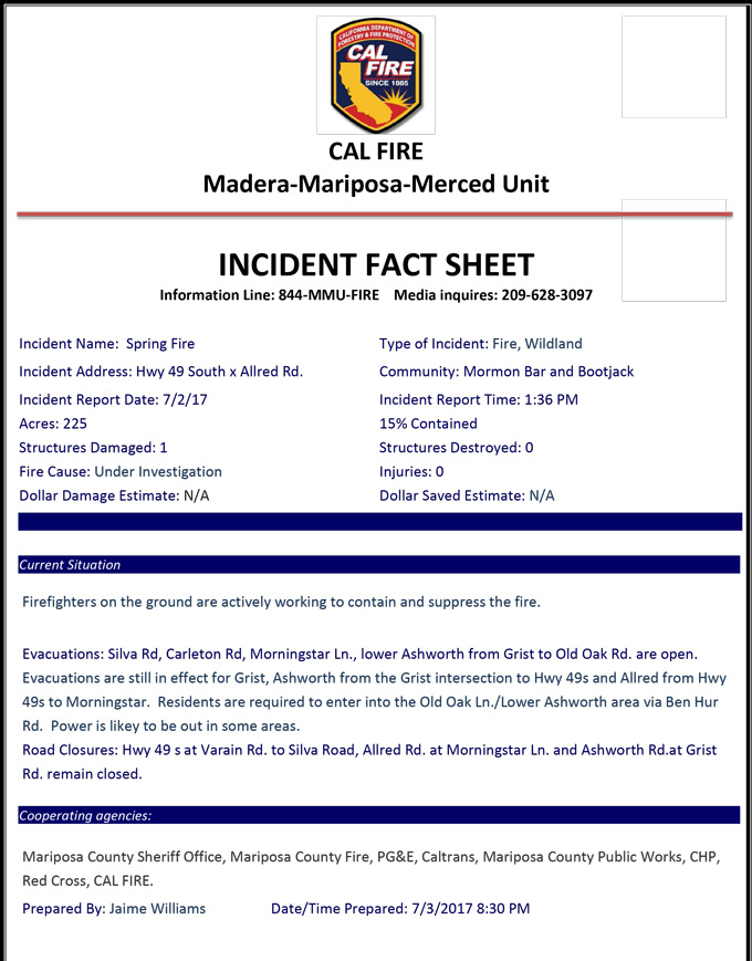 mariposa county spring fire update cal fire 8 30 am