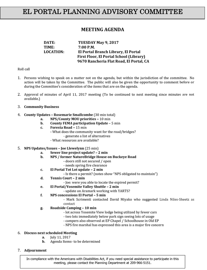 2017 05 09 mariposa county el portal planning advisory committee agenda may 9 2017