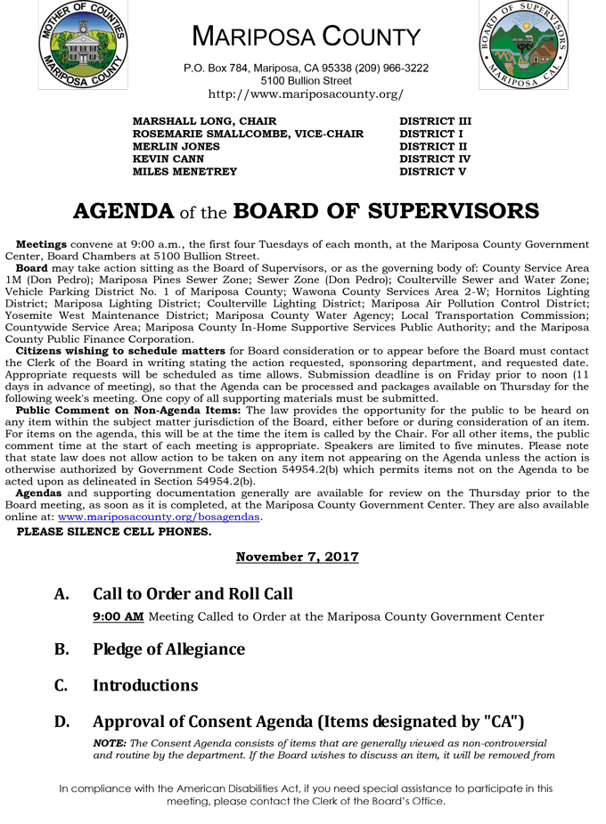 2017 11 07 mariposa county Board of Supervisors agenda november 7 2017 1