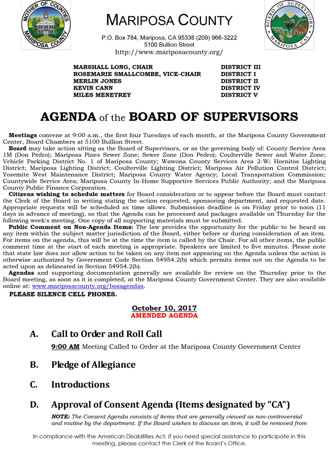 2017 10 10 mariposa county board of supervisors agenda october 10 2017 1